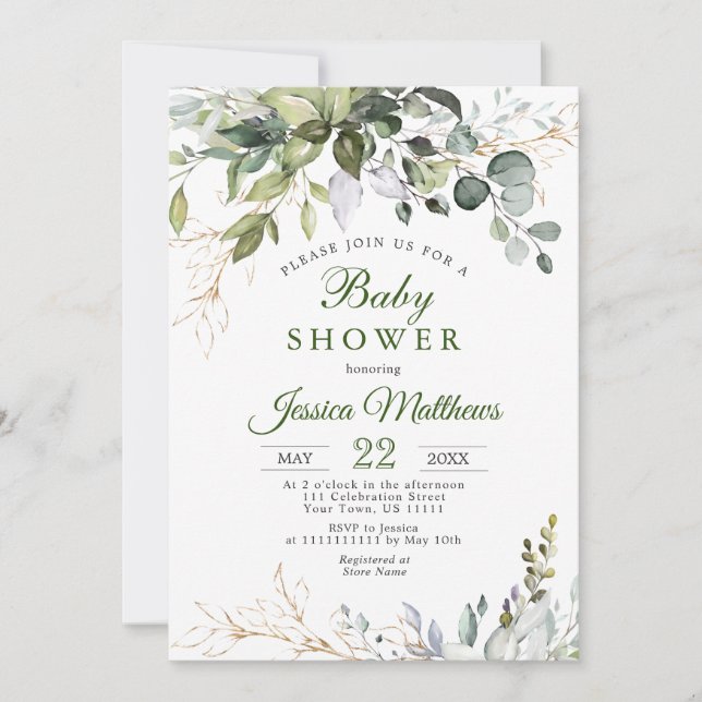 Invitación Watercolor Eucalyptus Greenery NEUTRAL Baby Shower (Anverso)