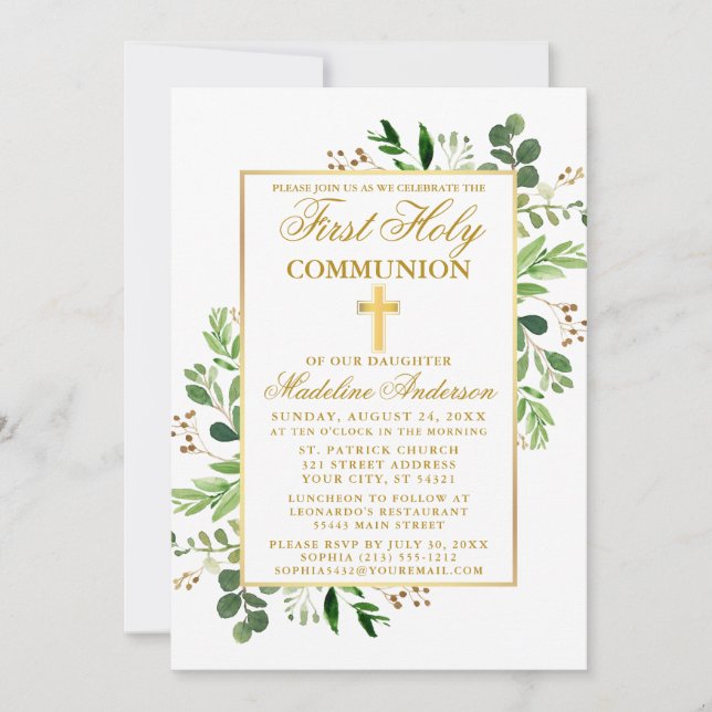 Invitación Watercolor Eucalyptus Greenery Primera Comunidad (Anverso)