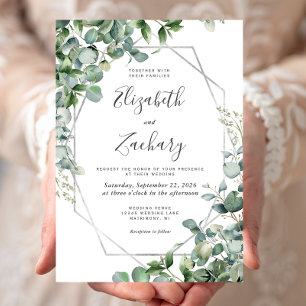 Invitación Watercolor Eucalyptus Greenery Silver Geo Boda