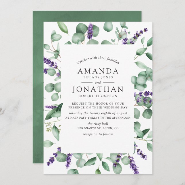 Invitación Watercolor Eucalyptus Lavender Greenery Boda (Anverso / Reverso)