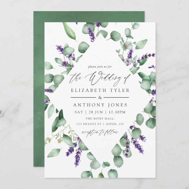 Invitación Watercolor Eucalyptus Lavender Greenery Boda (Anverso / Reverso)