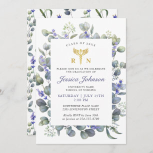 Invitación Watercolor Eucalyptus Lavender Nursing Graduation