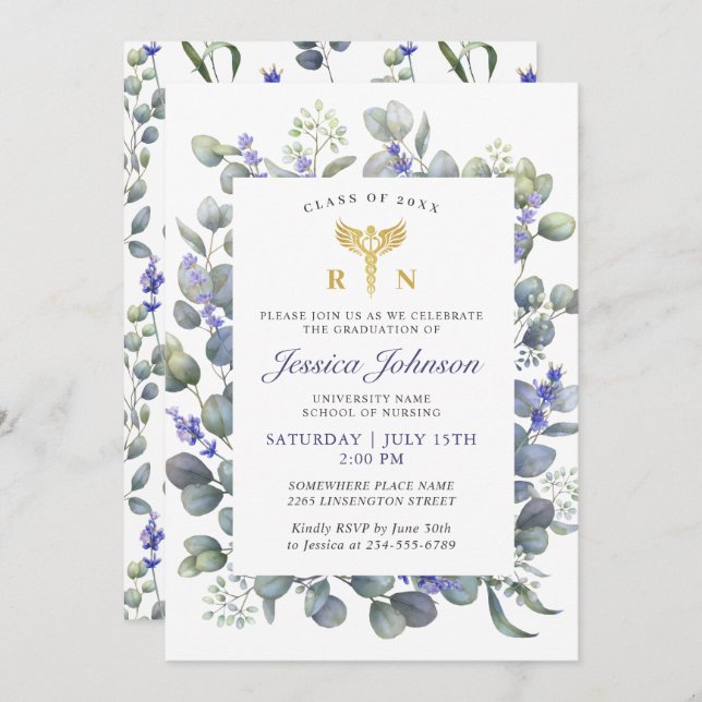 Invitación Watercolor Eucalyptus Lavender Nursing Graduation (Anverso / Reverso)