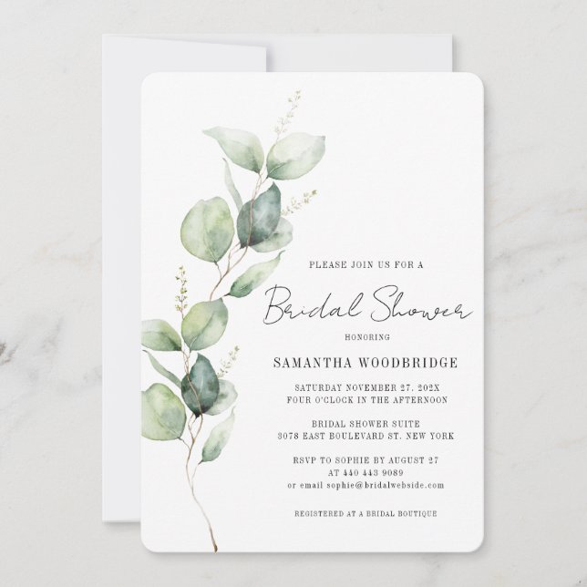 Invitación Watercolor Eucalyptus Moderno Script Bridal Shower (Anverso)