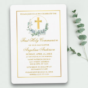 Invitación Watercolor Eucalyptus Oro Primera Comunión