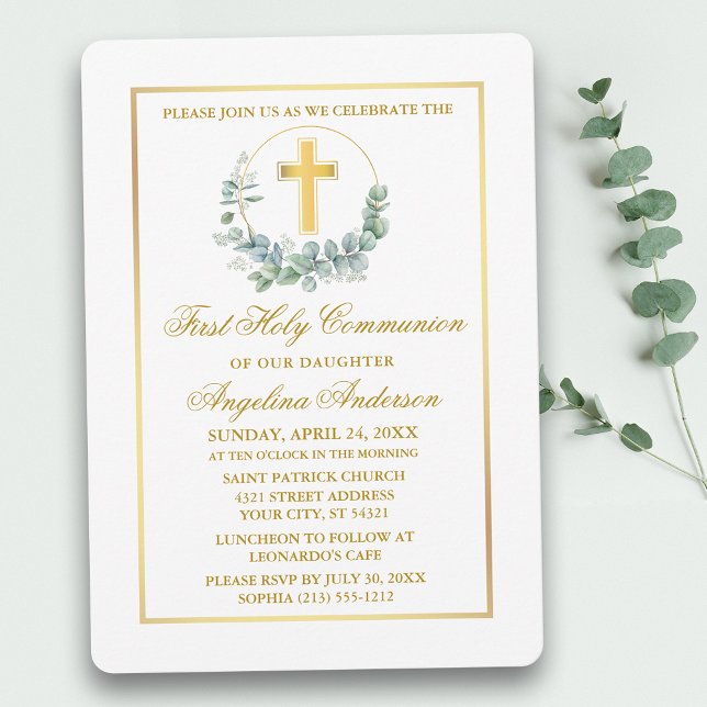 Invitación Watercolor Eucalyptus Oro Primera Comunión (Customize to change text color, size, style or to add photos or more text to back of card.)
