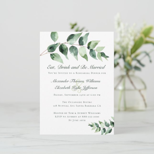 Invitación Watercolor Eucalyptus Rehearsal Dinner | White (Anverso de pie)