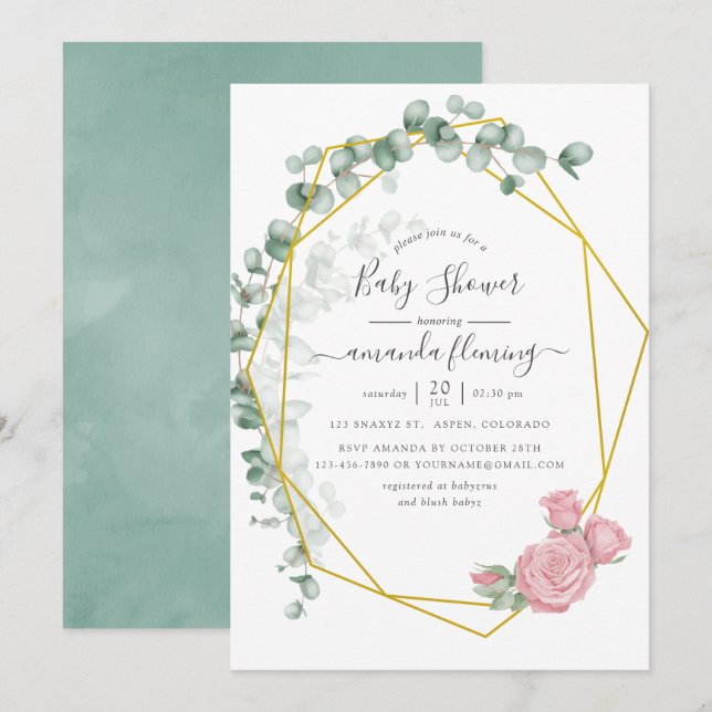 Invitación Watercolor Eucalyptus Rosa Baby Shower geométrico (Anverso / Reverso)