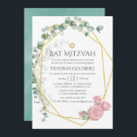 Invitación Watercolor Eucalyptus Rosa Bat Geométrica Mitzvah<br><div class="desc">Ambientación geométrica a la moda de eucalipto y invitación a imizvah de murciélago rosa rosa de color rosa con marco geométrico dorado y lavado de acuarela de menta a la inversa.</div>