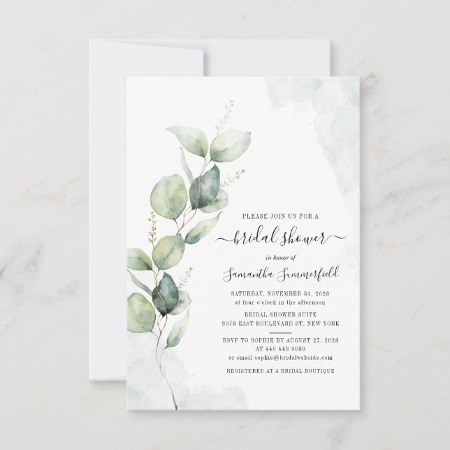 Invitación Watercolor Eucalyptus Script Shower (Anverso)