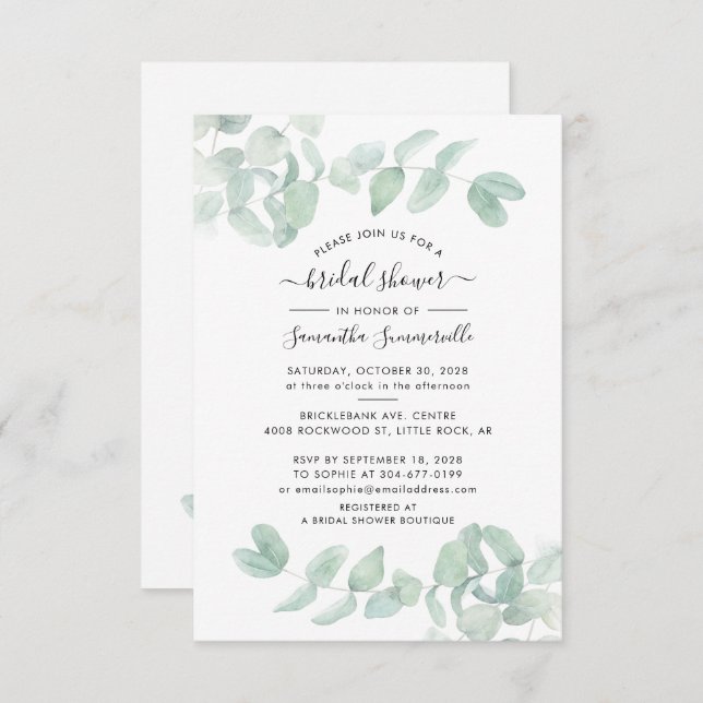 Invitación Watercolor Eucalyptus Script Shower (Anverso / Reverso)