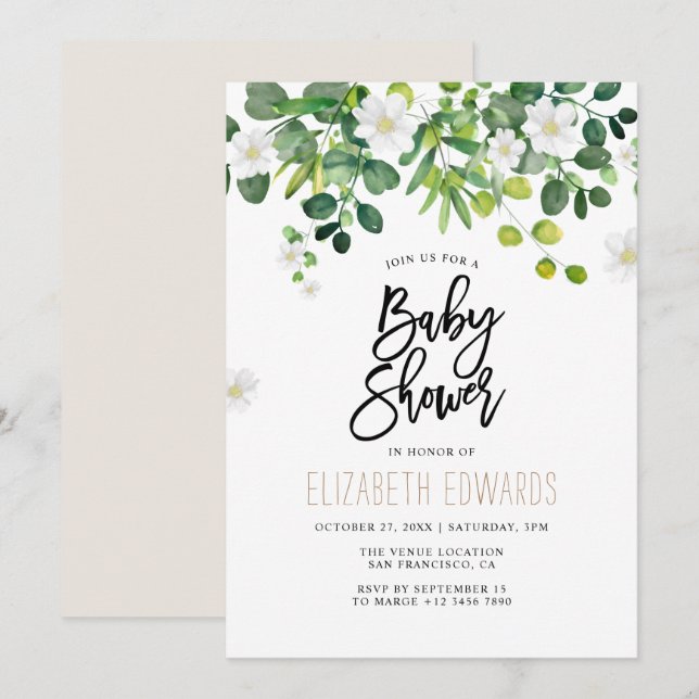 Invitación Watercolor Eucalyptus Wildflowers Baby Shower (Anverso / Reverso)