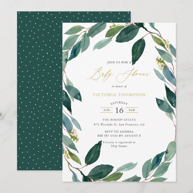 Invitación Watercolor Eucalyptus Wreath Baby Shower (Anverso / Reverso)