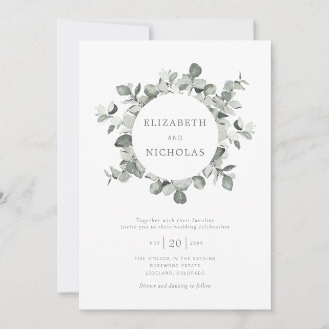 Invitación Watercolor Eucalyptus Wreath Boda (Anverso)