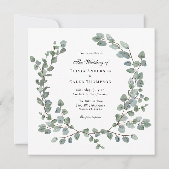 Invitación Watercolor Eucalyptus Wreath Boda (Anverso)