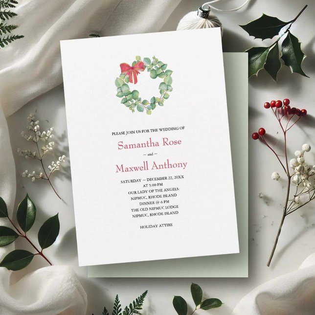Invitación Watercolor Eucalyptus Wreath Boda (Winter wedding invitations watercolor eucalyptus & red bow wreath by Victoria Grigaliunas VG Invites)