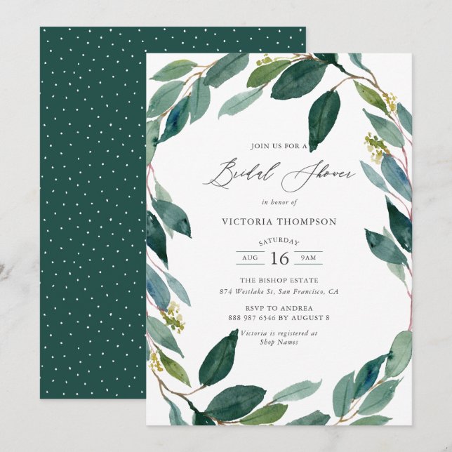 Invitación Watercolor Eucalyptus Wreath Bridal Shower (Anverso / Reverso)