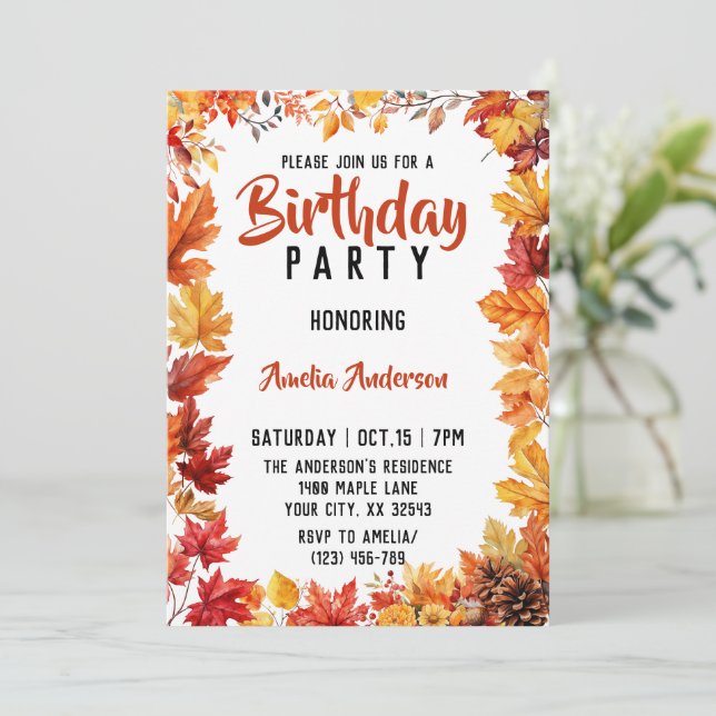 Invitación Watercolor Fall deja fiesta de cumpleaños de otoño (Anverso de pie)