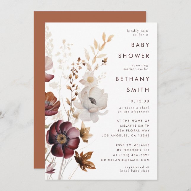 Invitación Watercolor Fall Floral Baby Shower (Anverso / Reverso)