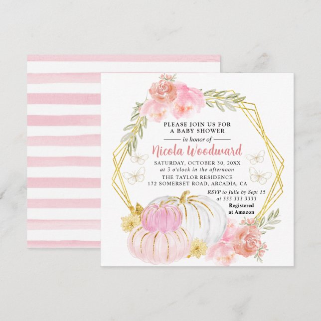 Invitación Watercolor Fall Floral Calabaza Wreath Baby Shower (Anverso / Reverso)