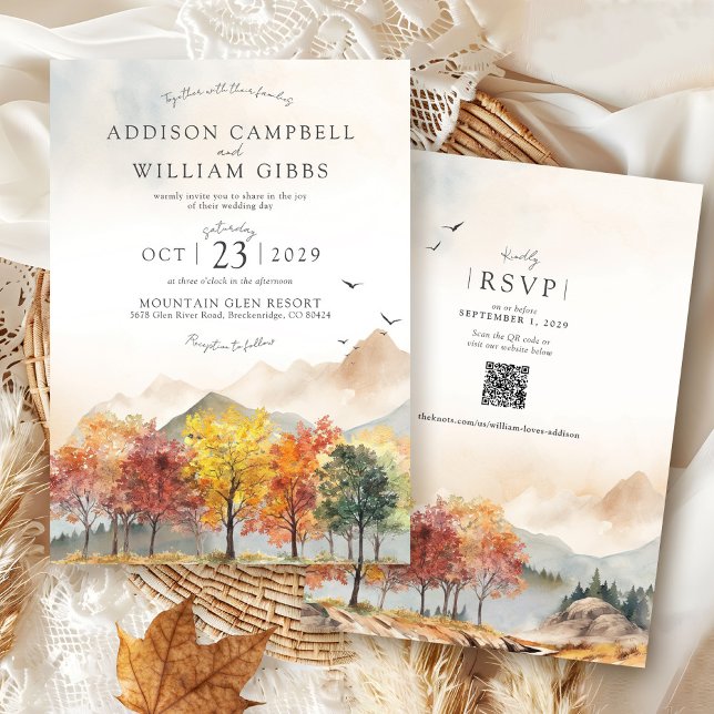 Invitación Watercolor Fall Trees Mountain Autumn Boho Wedding (Elegant watercolor Fall Trees forest mountain landscape terracotta Autumn QR code wedding invitation)