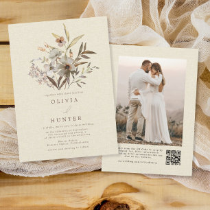 Invitación Watercolor Fall Wildflowers Faux Linen Boda