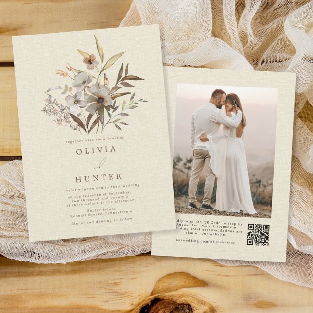 Invitación Watercolor Fall Wildflowers Faux Linen Boda (Subido por el creador)