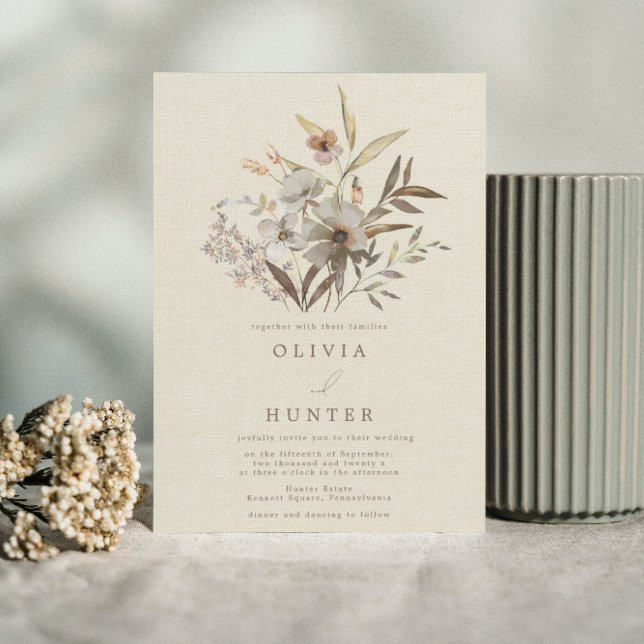 Invitación Watercolor Fall Wildflowers Faux Linen Boda (Subido por el creador)