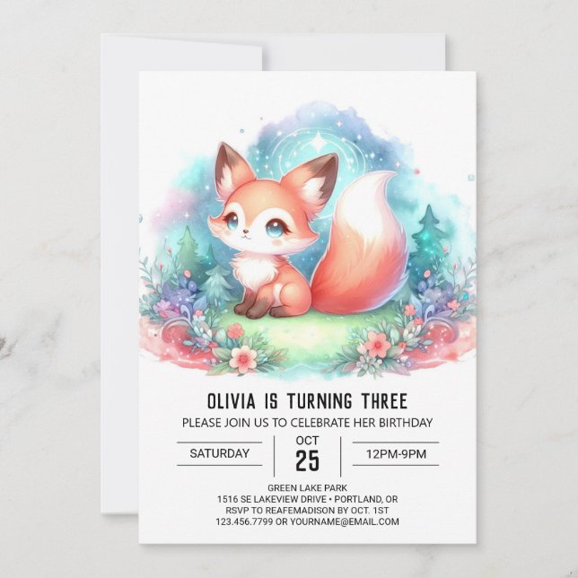 Invitación Watercolor Fantasy Fox Birday digital (Anverso)