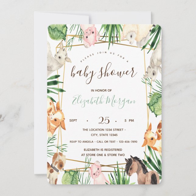 Invitación Watercolor Farm Animals Baby Shower (Anverso)