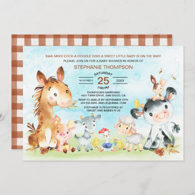 Invitación Watercolor Farm Animals Baby Shower (Anverso / Reverso)