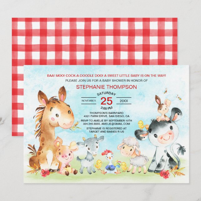 Invitación Watercolor Farm Animals Baby Shower (Anverso / Reverso)