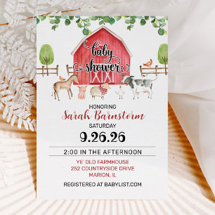 Invitación Watercolor Farm Animals Barn Baby Shower