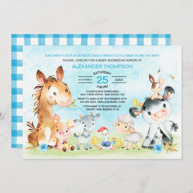 Invitación Watercolor Farm Animals Boy Baby Shower (Anverso / Reverso)
