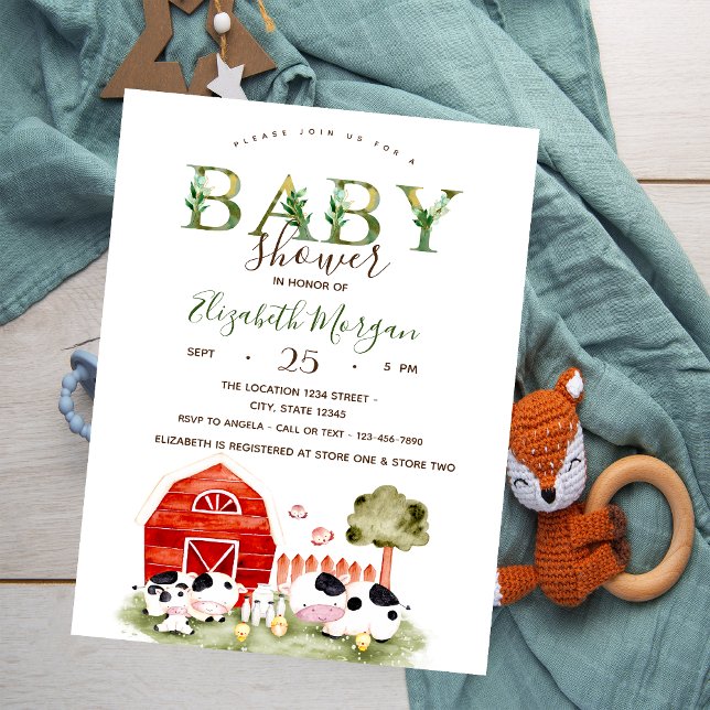 Invitación Watercolor Farm Animals Cows Chickens Baby Shower (Subido por el creador)