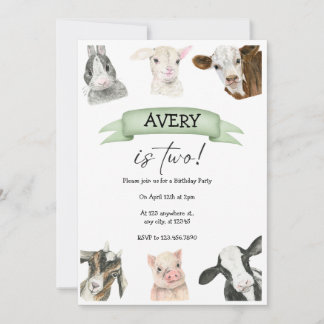 Invitación Watercolor Farm Animals Cumpleaños Dos Años