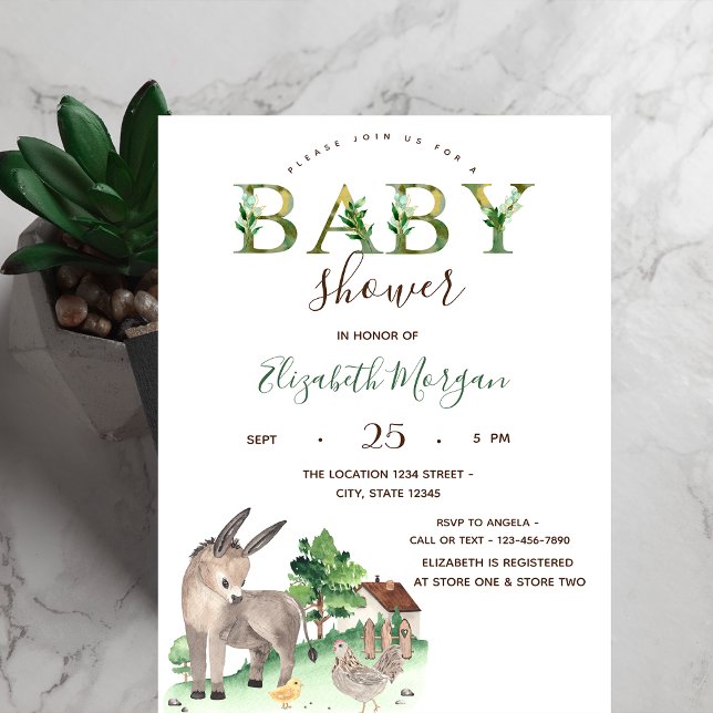 Invitación Watercolor Farm Animals Donkey Baby Shower (Subido por el creador)