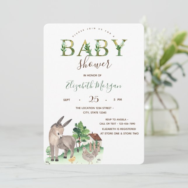 Invitación Watercolor Farm Animals Donkey Baby Shower (Anverso de pie)