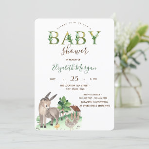 Invitación Watercolor Farm Animals Donkey Baby Shower