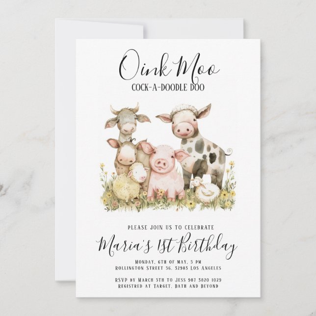 Invitación Watercolor Farm Animals Fiesta de cumpleaños (Anverso)