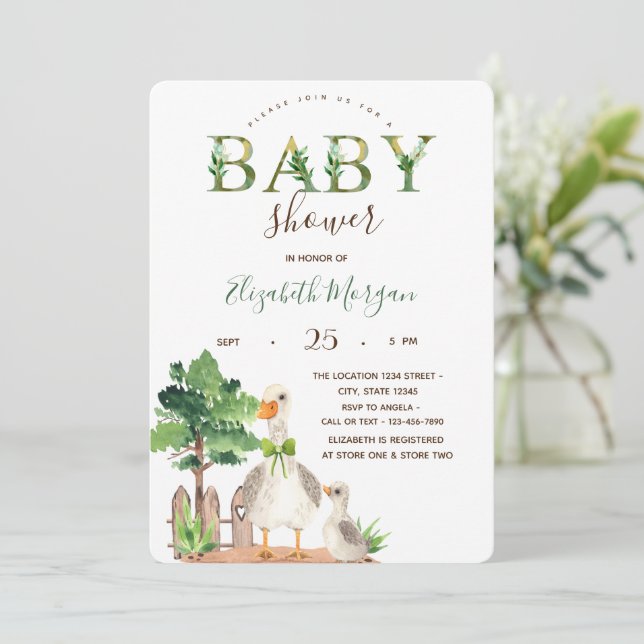 Invitación Watercolor Farm Animals Goose Baby Shower (Anverso de pie)