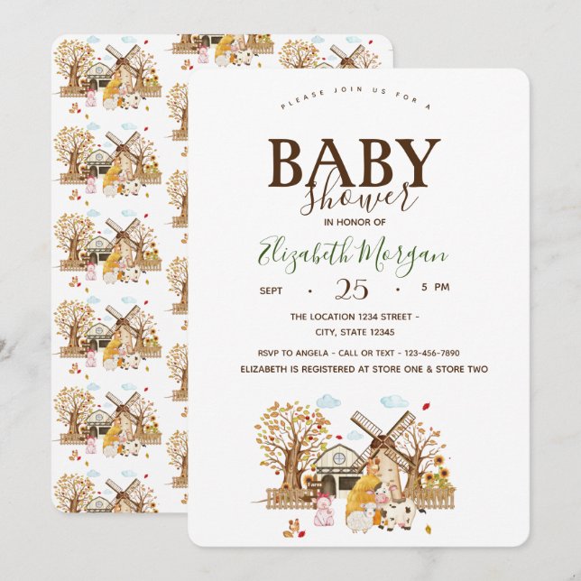 Invitación Watercolor Farm Animals Stall Baby Shower (Anverso / Reverso)