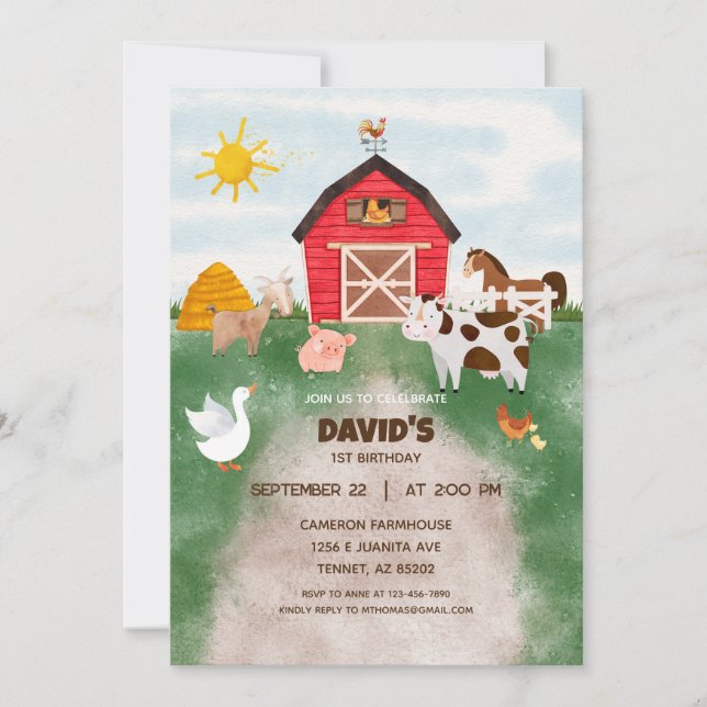 Invitación Watercolor Farm cumpleaños (Anverso)