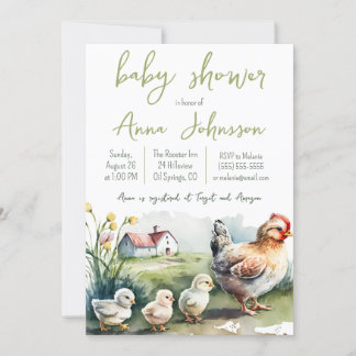 Invitación Watercolor Farm Hen con Chicks Baby Shower