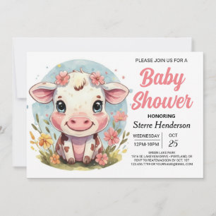 Invitación Watercolor Farmyard Baby Shower de vaca moderna
