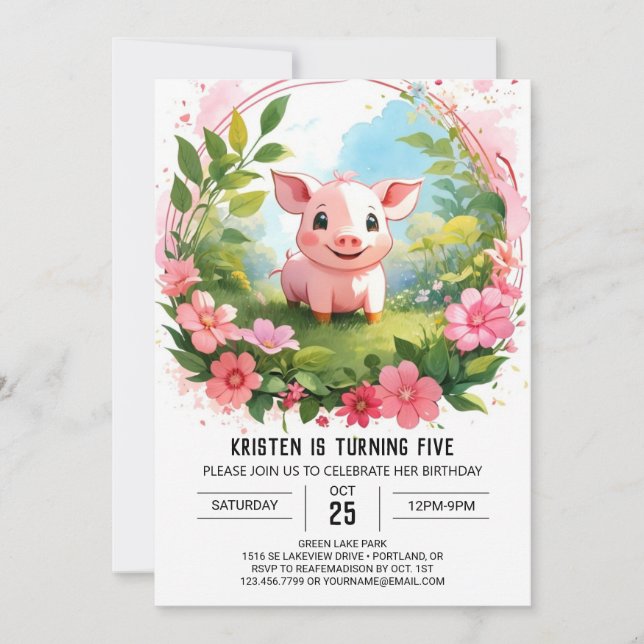 Invitación Watercolor Farmyard Delight Pig Chica Cumpleaños (Anverso)