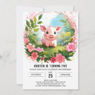 Invitación Watercolor Farmyard Delight Pig Chica Cumpleaños