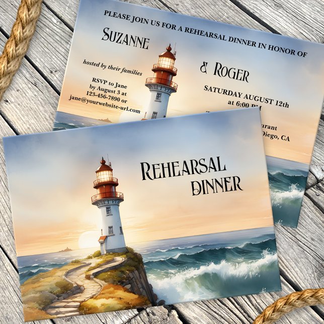 Invitación Watercolor Faro Boda Ensayo Cena (Nautical Rehearsal Dinner invitation featuring a watercolor painting of a lighthouse at sunset)
