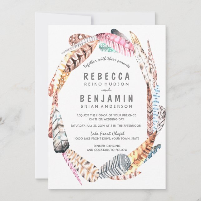 Invitación Watercolor Feathers Rustic Bohemia Invite (Anverso)