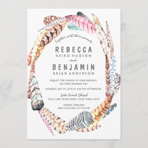 Invitación Watercolor Feathers Rustic Bohemia Invite